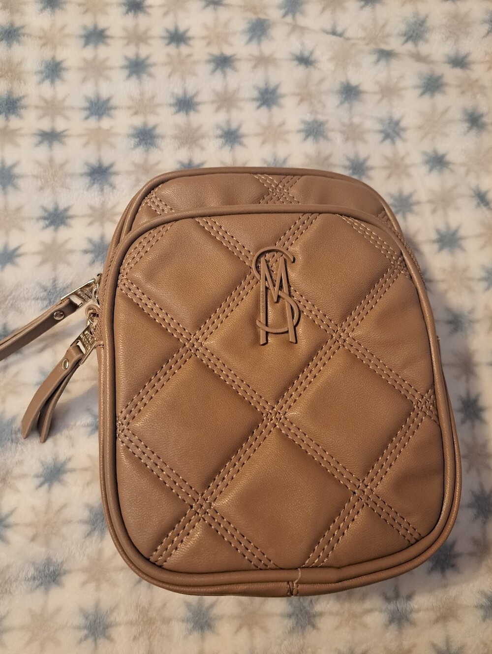 Steve Madden Quilted Tan Crossbody Bag with Logo Accent